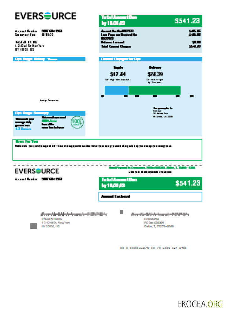 Facture commerciale du service public de gaz Eversource, SCR